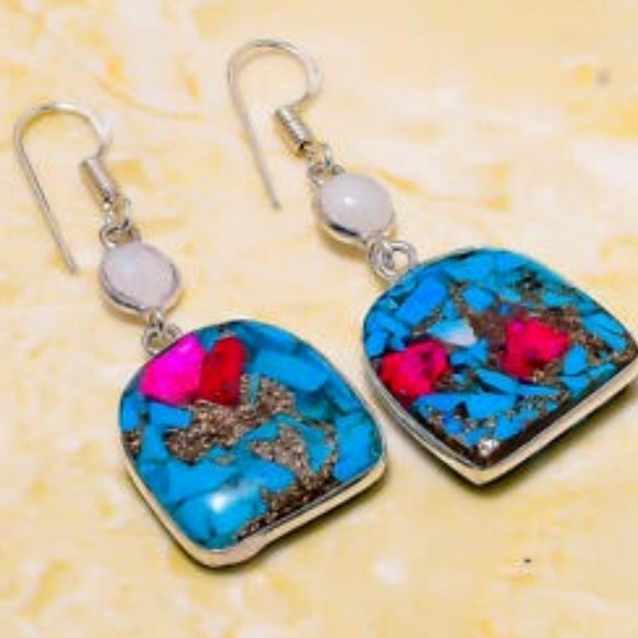 NEW Spiny Oyster Moonstone Gemstone Handmade Gift Jewelry Earrings 1.97" Silver - Picture 3 of 5